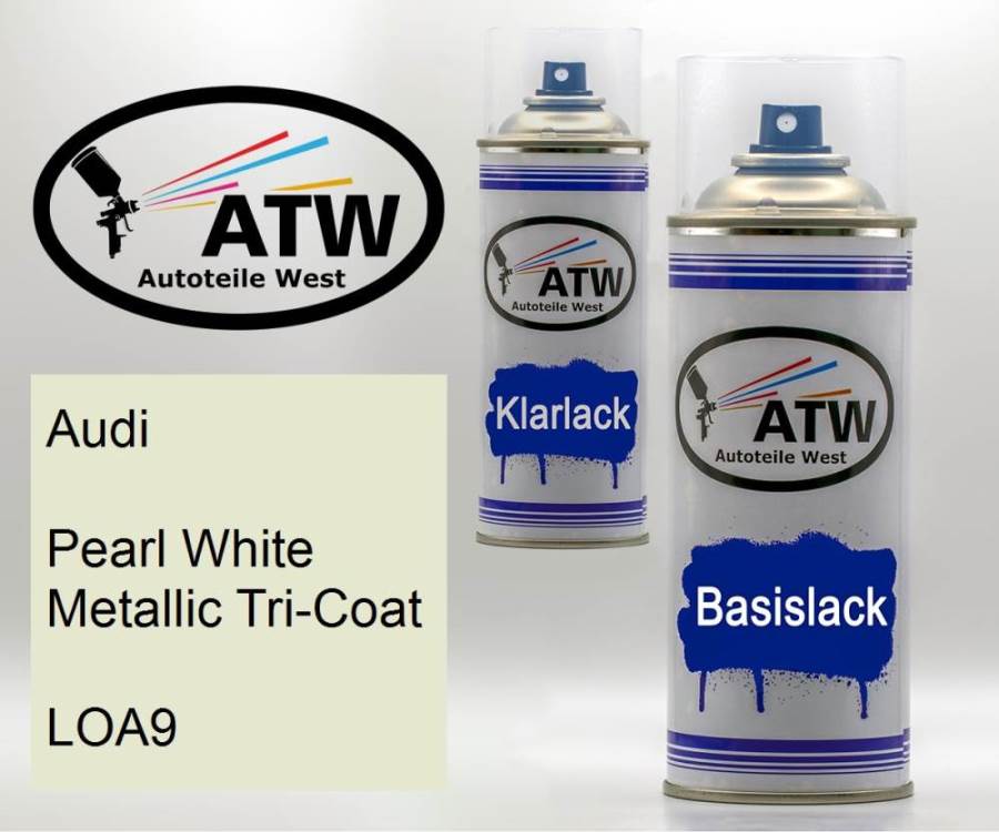 Audi, Pearl White Metallic Tricoat, LOA9: 400ml Sprühdose + 400ml Klarlack - Set, von ATW Autoteile West.